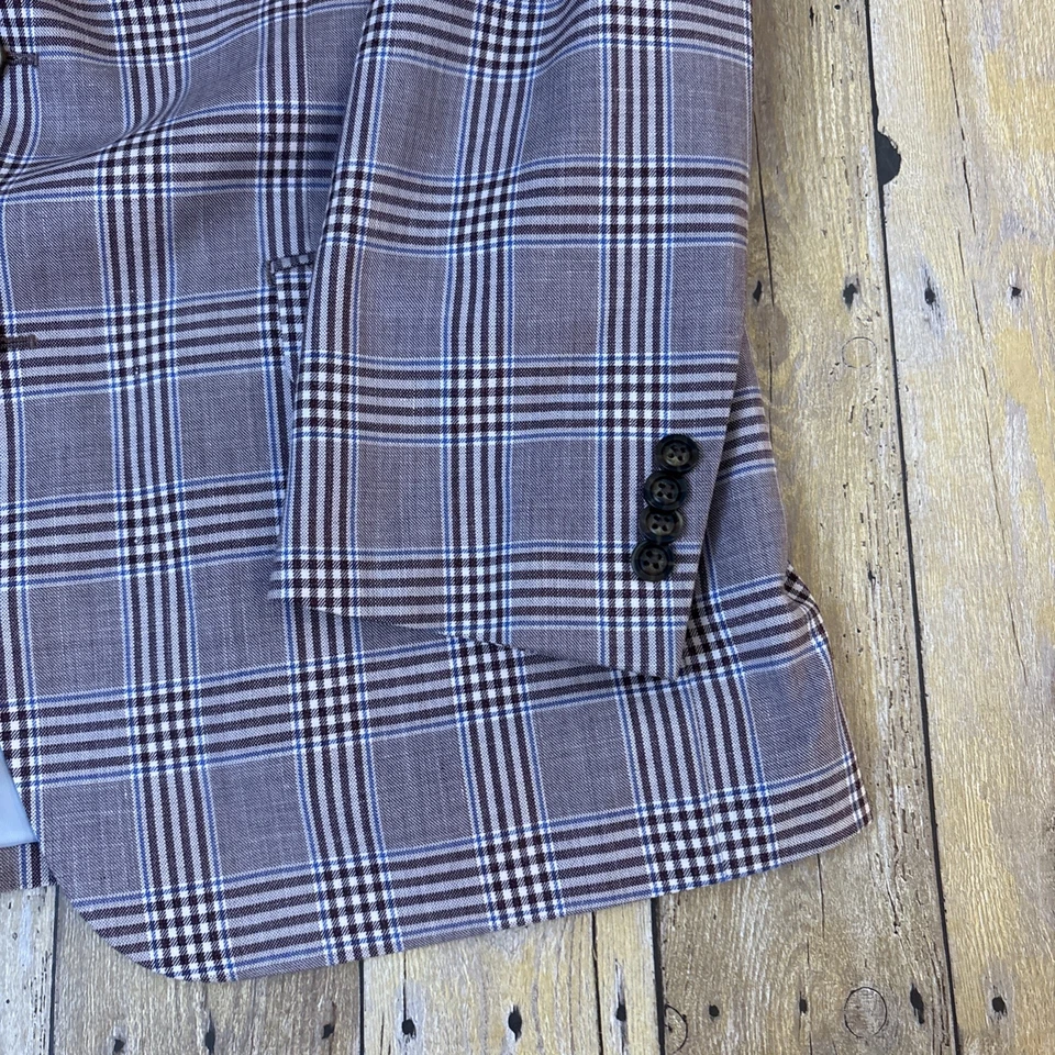 Blazer Indochino Rojo Glen Mezcla de Lana a Cuadros Lino 40S Foto 3 de 4