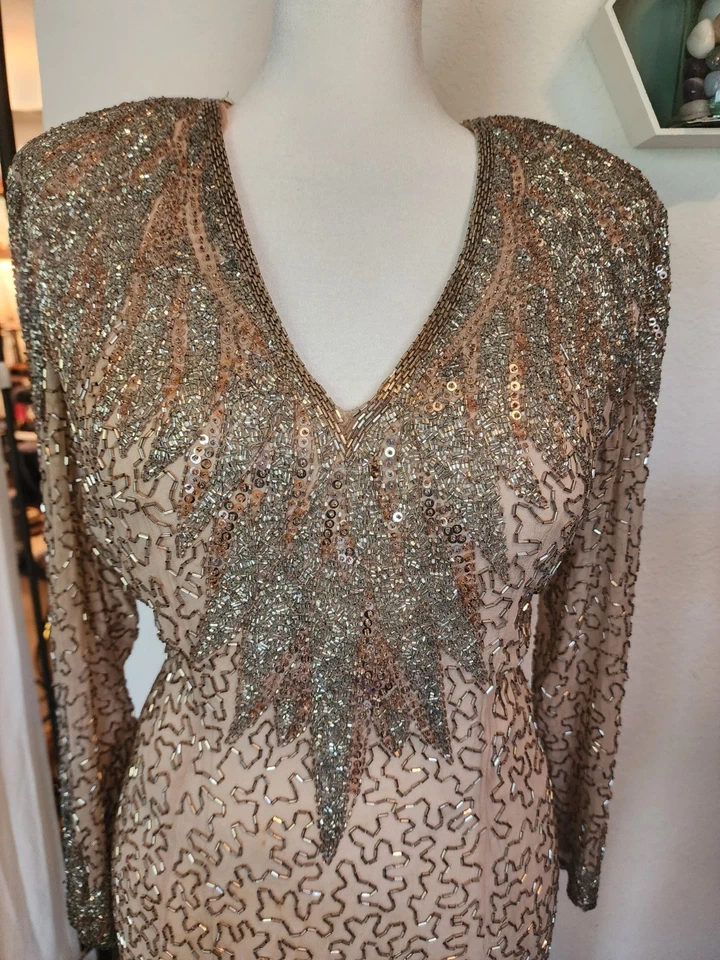 Vestido sin espalda vintage 1977 dorado y plateado metálico totalmente con cuentas Sunburst 100 % seda talla 8 Foto 3 de 4