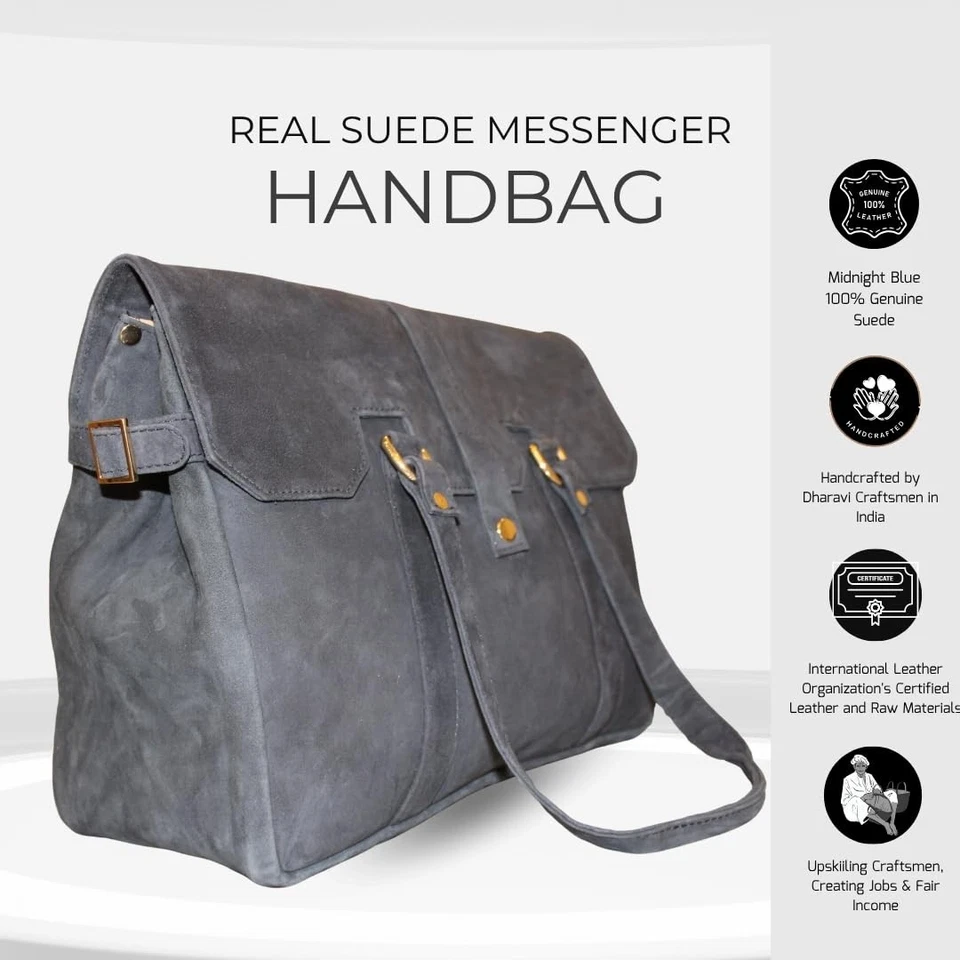 Amari Midnight Blue Suede Leather Tote Bag for Women | Fits 14” Laptop | Ethi... - Image 3 of 4