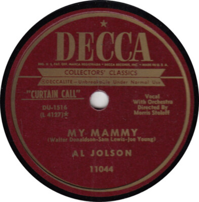 Al Jolson - My Mammy / Sonny Boy 1952 10'' Decca 11044 Very Good (VG)