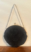 Vintage WALBORG Black Beaded Drape Evening Purse Clutch Bag