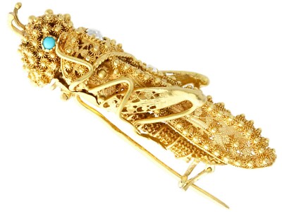 Antique French Turquoise and 0.27Ct Diamond 14k Yellow Gold Grasshopper Brooch