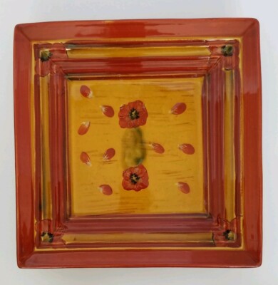 4 Ambiance Fleur Rouge 10'' Square Dinner Plates Red Flower Nanette Vacher NWT