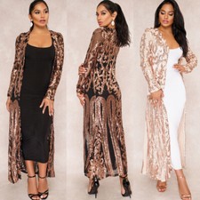 Women Sequin Mesh Front Open Full Long Maxi Dress Coat Jacket Tops Cardigan New