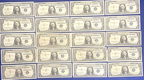 Lot of 20 $1 US Silver Certificate Notes 1957 Blue Seal Circulated #5