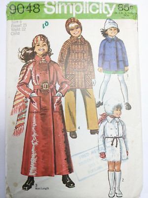 Coat Duster Hat Pea Coat Girls 6 Simplicity 9048 Sewing Pattern VTG Winter Rain