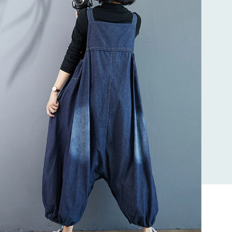 Femme Jeans Bouffant Salopette Combinaison Longueur Cheville Pantalon Sarouel - Photo 4/4