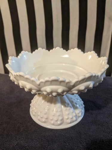 Vintage MCM Fenton Art Glass Hobnail Milk Glass Compote Flower or Candle Holder