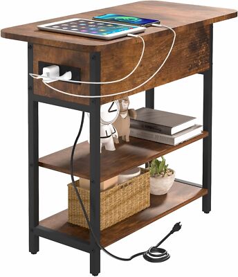 End Table with Charging Station, Flip Top Side Table with USB Ports and Outlets