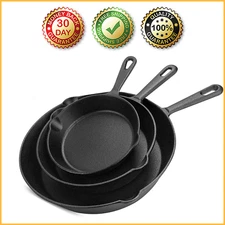 3-PACK PRE-SEASON CAST IRON SKILLET SET Fry Pan Kitchen Cookware Cooking Pans