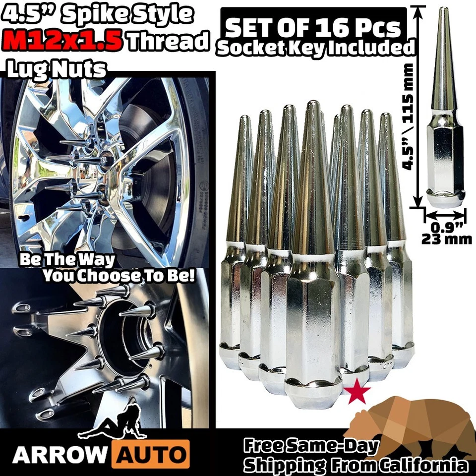16x 4.5" Tall Chrome M12x1.5 Spike Lug Nuts and Key Fit Chevy Ford Mercury - Image 2 of 4