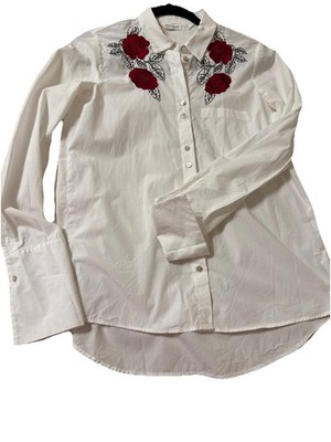 ZARA Basic Z1975 Denim White Cotton Button-Down With Red Embroidered Flowers XS￼