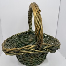 Vintage Wicker Basket Twisted Handle Green Gold Rustic Farmhouse Decor