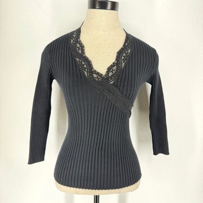 Vintage Y2K Ribbed Lace Trim Surplice Top Black 3/4 Sleeve Small Coquette Goth