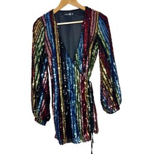 Boohoo Sequin Wrap Dress Women Size 6 Multicolor Striped Long Sleeve Mini