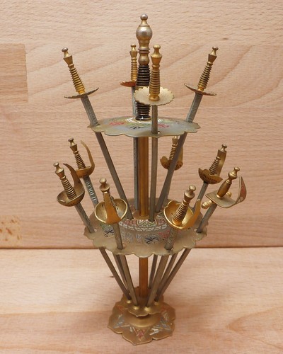 Toledo Mini Swords (11) Cocktail Picks Appetizer Skewers & Stand Vintage MCM