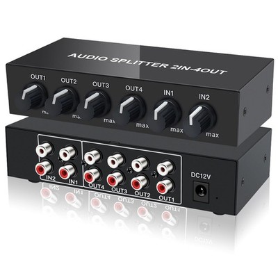 FlyroadUp 2 in 4 Out RCA L/R Audio Splitter Stereo Line Level Distributor Mix...