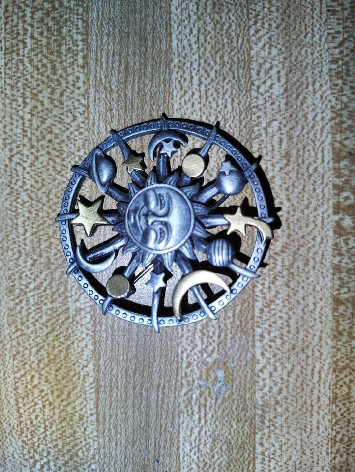 Vintage JJ Jonette Signed Celestial Brooch Pin Pewter Gold Tone Sun Moon Stars - Image 3 of 3