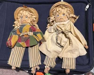 Handmade Rag doll Scarecrow Boy and Girl Sad Face 14  Folk Art Fall Decor Rustic