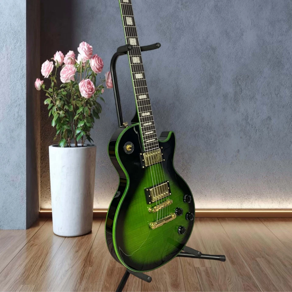 LP Custom Electric Guitar with Black Ring Green Metal Hardware Rectangular Inlay - Image 4 of 4