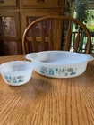 Fire King Blue Heaven Atomic 8.5” Casserole & Custard Turquoise & Gray VTG GUC
