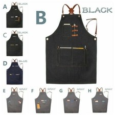 Denim Bib Apron Leather Adjustable Strap Barista Bartender Chef Barber Uniform