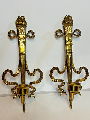 Vintage MCM 70s Bombay Brass Wall Sconces Torch Gold Ribbon Candle Holders 15''