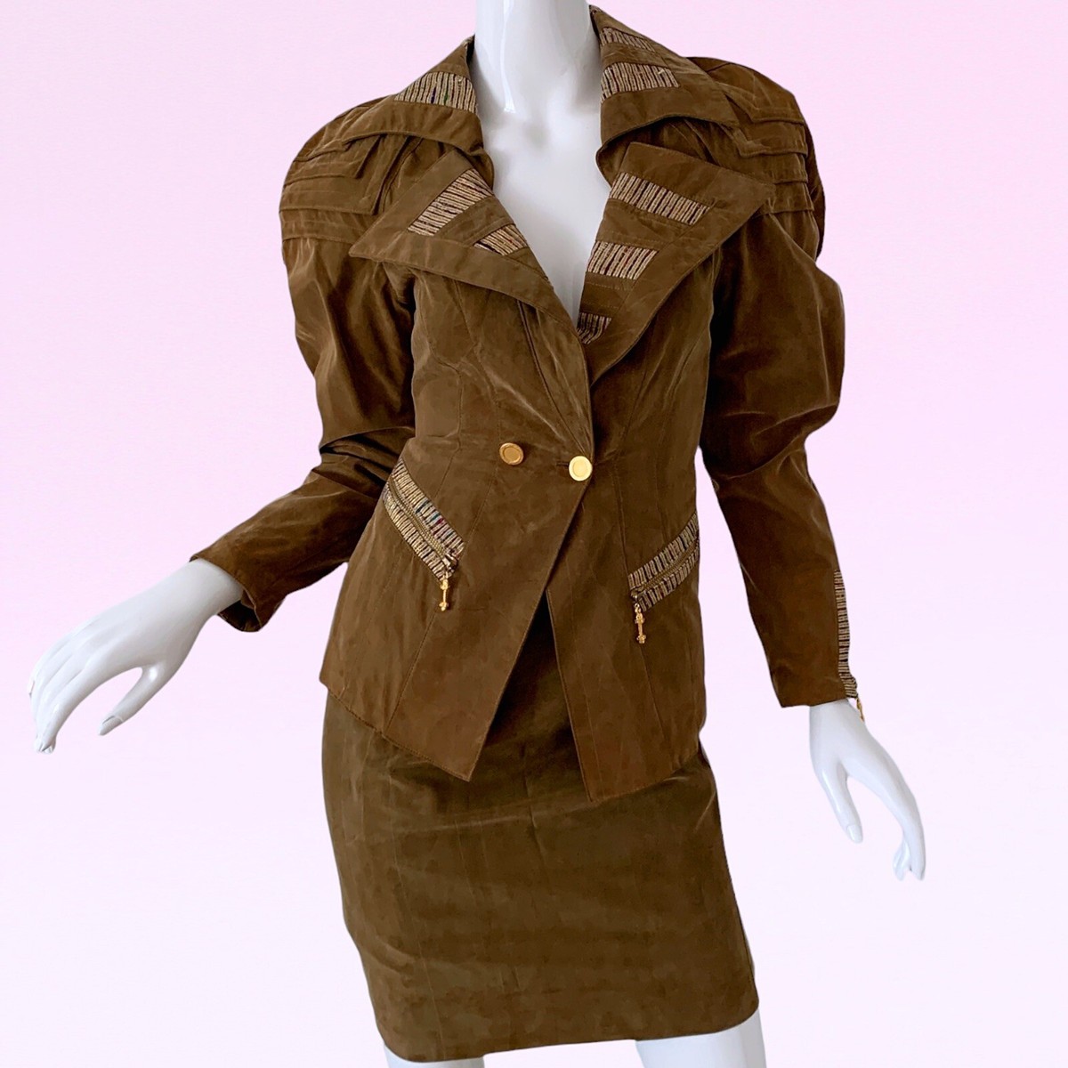 1980s Vtg IFF Deadstock Metallic Suede Structural Jacket Skirt Set xs