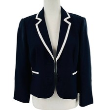 Hobbs London Navy Blue Cropped White Trim Classic Preppy Blazer Women Sz 6