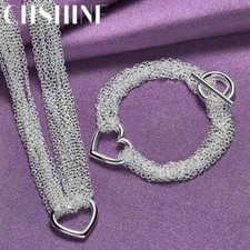 CHSHINE 925 Sterling Silver Multi Chain Heart Necklace Bracelet Jewelry Set