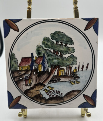 Traditional Hand Painted Portuguese Tile Lake Scene 5  Square FLAW