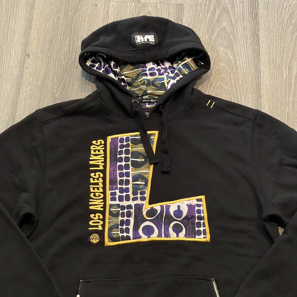 Two Hype 洛杉矶湖人队 90 年代 Kente Letter Performance 连帽衫 NBA 篮球 尺寸 S — 第 3/4 张图片