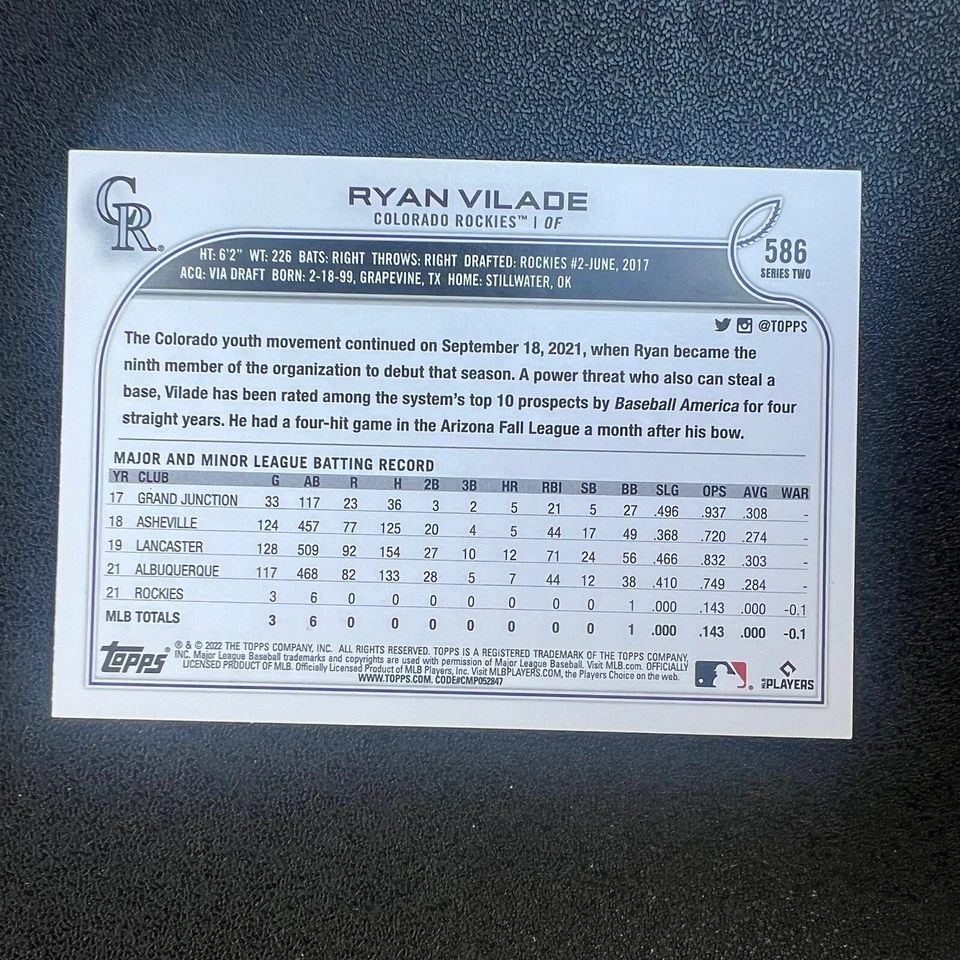 2022 Topps Series 2 Ryan Vilade RC Rookie Royal Blue Parallel #586 Rockies - Image 2 of 2