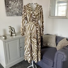 Khaki White Zebra Print V-Neck Fixed Wrap Long Sleeve Belted Midi Dress S 8-10