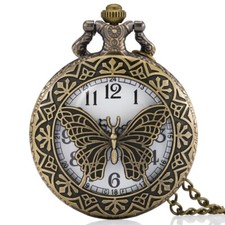 Bronze 3D Butterfly Hollow Case Design Quartz Pocket Watch Necklace Chain Gifts