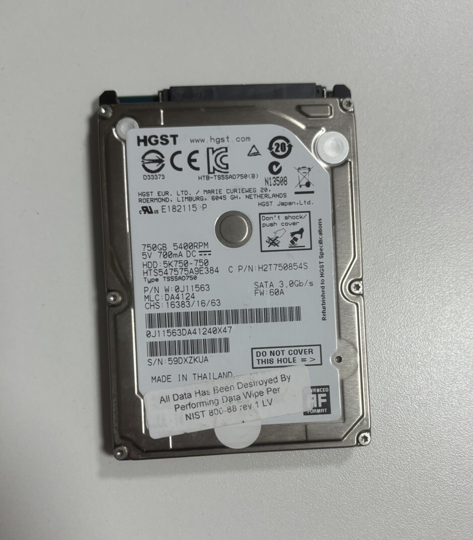 HGST 750 GB SATA 5400RPM Internal HDD Drive, Tested and Cleaned