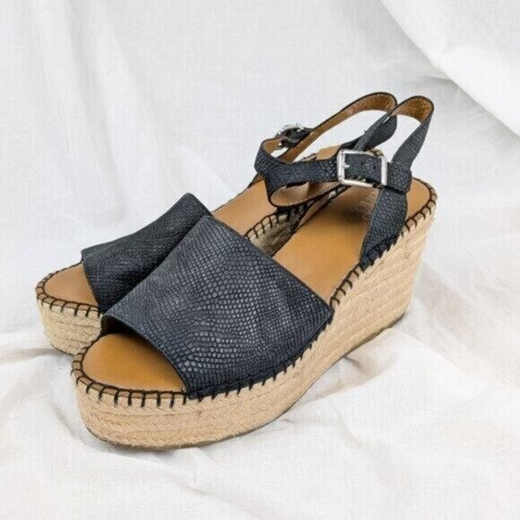 Franco Sarto Black Takara Espadrille Wedge Leather Sandal Size 10