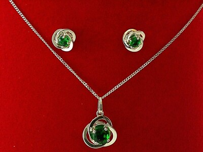 585 Weissgold SET 14 Karat Kette Ohrstecker Knoten  Zirkonia smaragd 