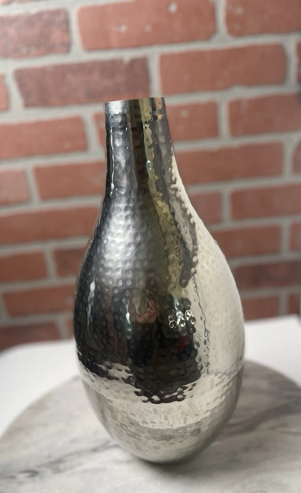 Jarrón calabaza lágrima aluminio martillado vintage 14" mediados de siglo decoración moderna 15x6 Foto 2 de 4