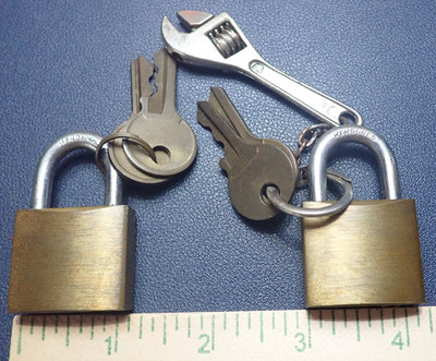 Vintage Lot of 2 Small Brass Padlocks w/ 4 Keys Hardened Steel + Mini Wrench Key