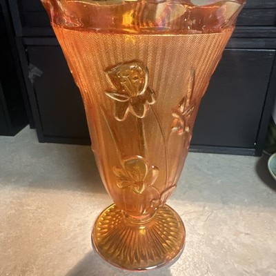 Vtg Jeannette Carnival Glass Vase Iris Herringbone Iridescent Marigold 9 