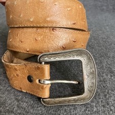 VTG Western Ostrich Belt Mens 38 Cowhide Leather Brown Silver Buckle MADE IN USA