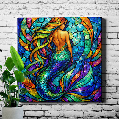 Mermaid Garden Stained Art Style Framed Acrylic Wall Decor