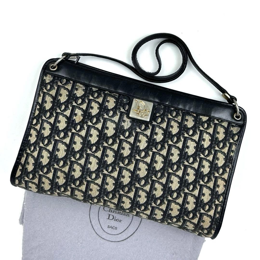 Dior Vintage Trotter Shoulder Bag in Black Leather and Canvas