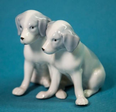 Germany 2 Sitting Dogs Puppies Gray & White Porcelain Pfeffer Gotha
