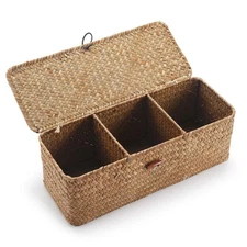 Seagrass Storage Basket with Lid Rectangular Small Woven Shelf Baskets with S...