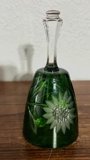 Vintage Bohemian Green Cut to Clear Crystal Bell Rare Sunflower Pattern 5-1/8"
