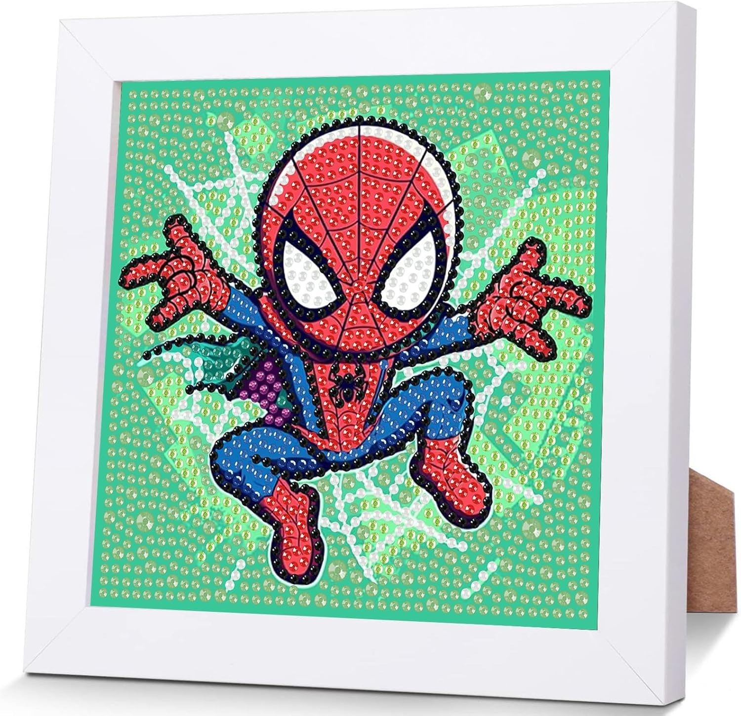 Spiderman Cartoon Diamond Art Kit w/ Frame, Easy Gem Kit for Kids 4-12, 7x7in