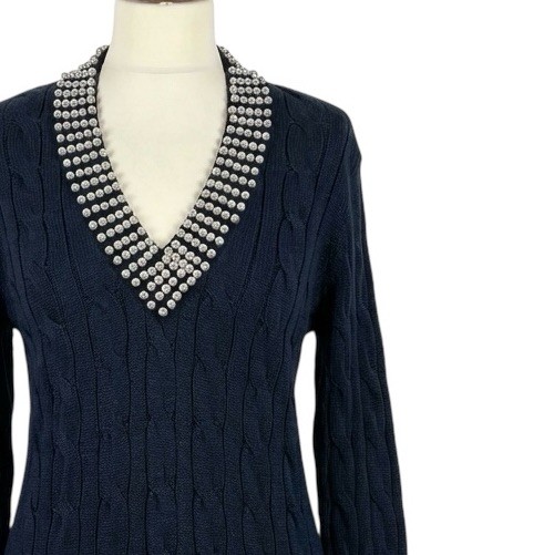 Vintage Womens Jumper 80s Blue Cable Knit Faux Pearl Embellished Retro Boho 14 image 2