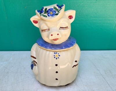 Shawnee Winnie Pig Cookie Jar Clover Blossom Blue Collar Vintage 1940s